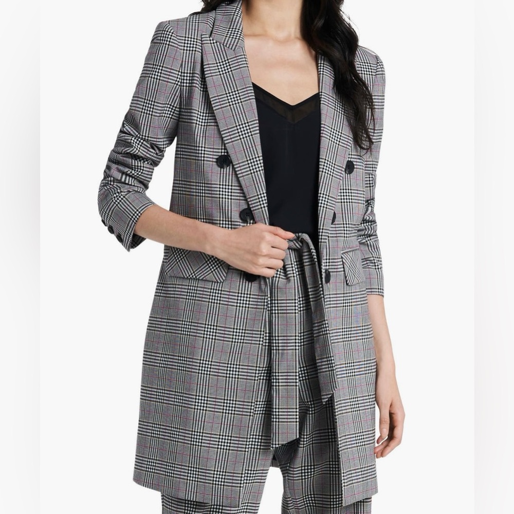 STATE Ruched Sleeve Black and Gray Plaid Blazer